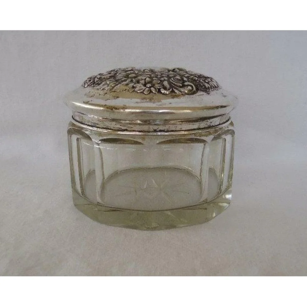 Antique Cut Glass Powder Jar Sterling Silver Lid Monogram FMC 1899 Clear Paneled
